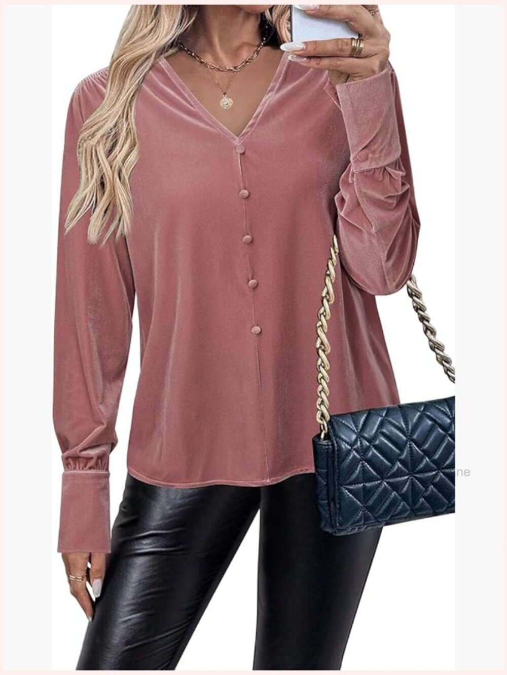 Women's Velvet Long Sleeve Button Down Blouse Smocked V-Neck